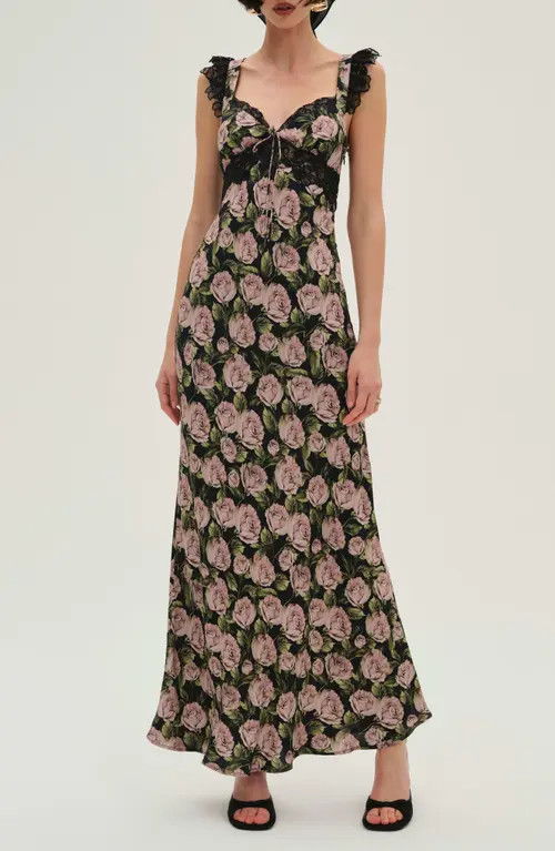 For Love & Lemons Fallen Rose Print Maxi Dress in Black at Nordstrom, Size Large | Nordstrom