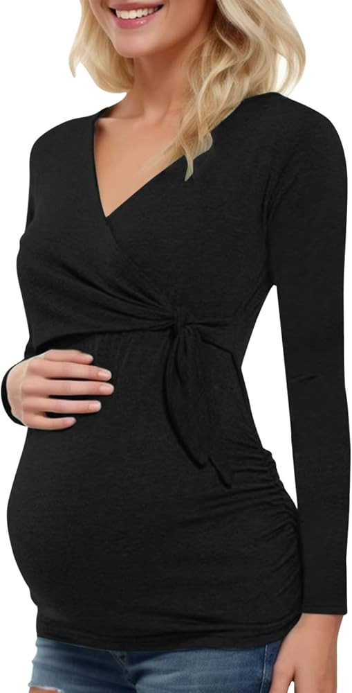 Maternity Tops Women's Long Sleeve V Neck Lace Up Tunic Casual Pregnancy Blouse Nursing Shirts Br... | Amazon (US)