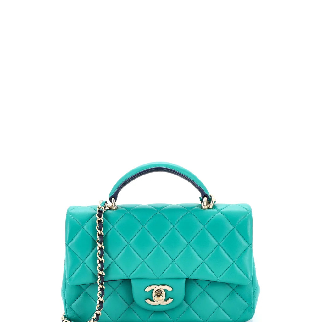 Chanel Classic Single Flap Top Handle Bag Quilted Lambskin Mini Green 3919395 | Rebag