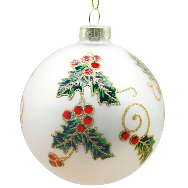 Classic Christmas White with Holly Glass Ornament, 3" | At Home
