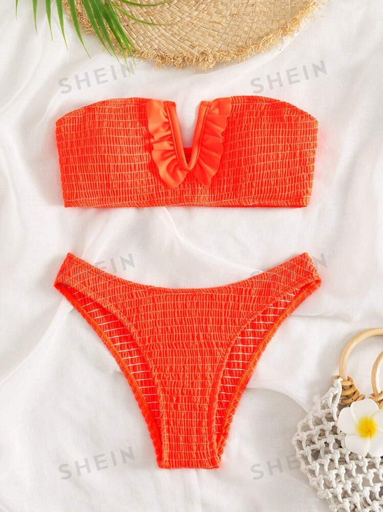 SHEIN Swim Summer Beach Shirred Ruffle Trim Bandeau Bikini Set, Bathing Suit | SHEIN USA | SHEIN