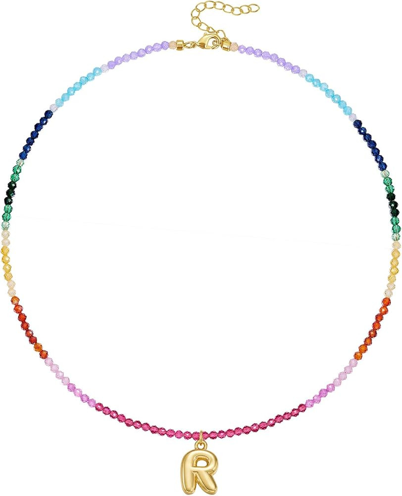 KissYan Beaded Initial Necklace, 14K Gold Plated Bubble Letter Pendant Rainbow Gemstone Choker Co... | Amazon (US)