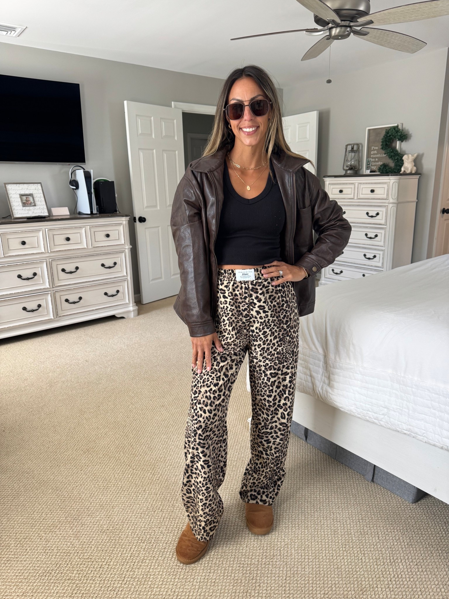 Animal print fall outfit with a faux leather 

Cheetah, wide leg pants, fall style, Uggs, elevated outfit, leather jacket, brown, chocolate brown

#LTKFallSale #LTKActive #LTKFindsUnder100