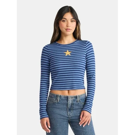 No Boundaries Graphic Striped Pointelle Top with Long Sleeves, Women’s | Walmart (US)