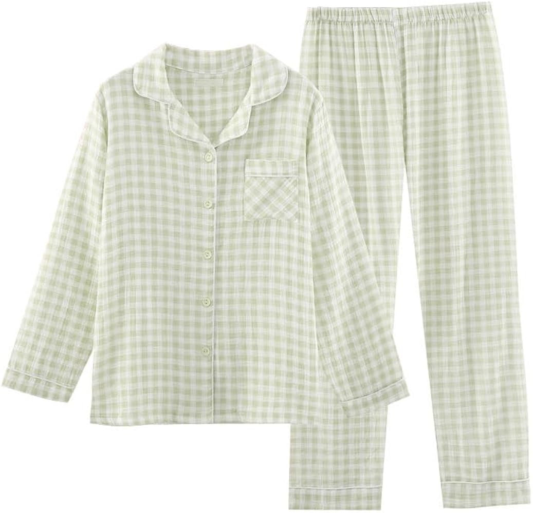 Womens Cotton Pajama Sets Long Sleeve Button Down Shirt and Pants Sleepwear 2 Piece Gingham Pj Se... | Amazon (US)