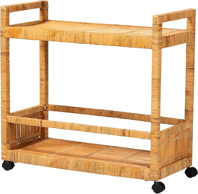 bali & pari Genet Modern Bohemian Natural Rattan and Teak Wood 2-Tier Kitchen Cart | Amazon (US)