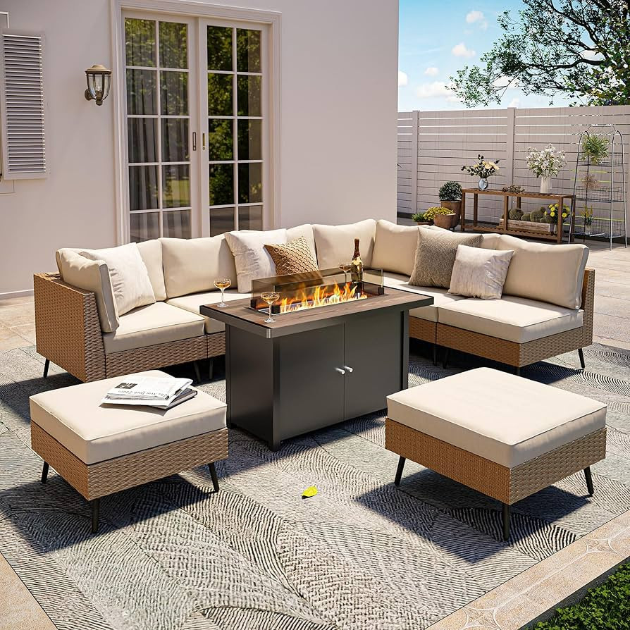 LAUSAINT HOME 9 Pieces Outdoor Patio Furniture Set with 43" Propane Gas Fire Pit Table, Outdoor S... | Amazon (US)