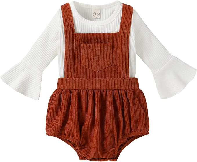 Tiny Cutey Newborn Baby Girl Clothes Bell Sleeve Romper and Corduroy Overalls Shorts Infant Girl ... | Amazon (US)