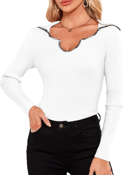 Collared Sweaters for Women Color Block Knit Pullover Top V Neck Slim Fitted Basic Tee | Amazon (US)