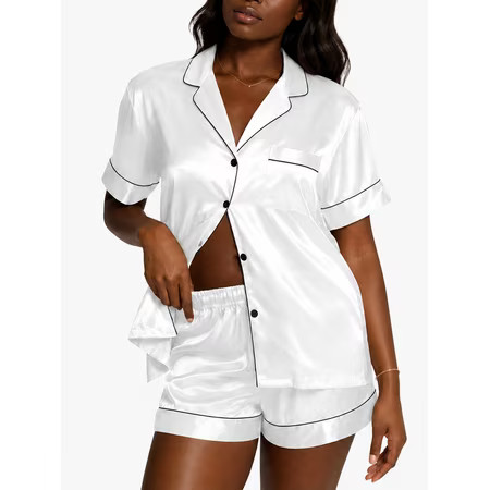 DAKIMOE Womens Silk Pajama Sets Satin Pajamas for Women Set Short Sleeve Shirt with Shorts 2 Piece Pjs Sets Soft Silky Sleepwear Nightwear Button-Down Loungewear S-XL | Walmart (US)
