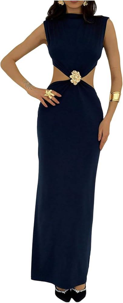 GORGLITTER Women's Metal Cut Out Bodycon Maxi Dresses Mock Neck Sleeveless Summer Wedding Guest L... | Amazon (US)