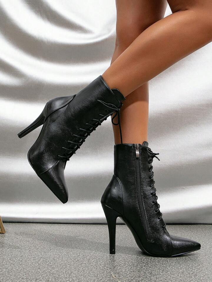 Women's Fashionable Pointed-toe Boots With Thin High Heels, Inner Zipper, Autumn/winter Lace-up C... | SHEIN