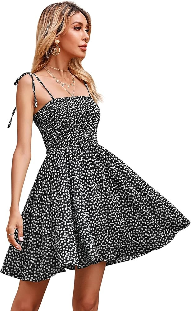 SheIn Women's Polka Dot Tie Shoulder Cami Mini Dress Sleeveless Shirred A Line Skater Flare Dress... | Amazon (US)