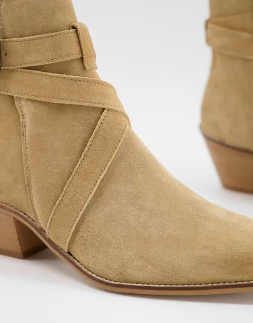 ASOS DESIGN cuban heel western chelsea boots with pointed toe in stone suede with strap detail | ASOS (Global)