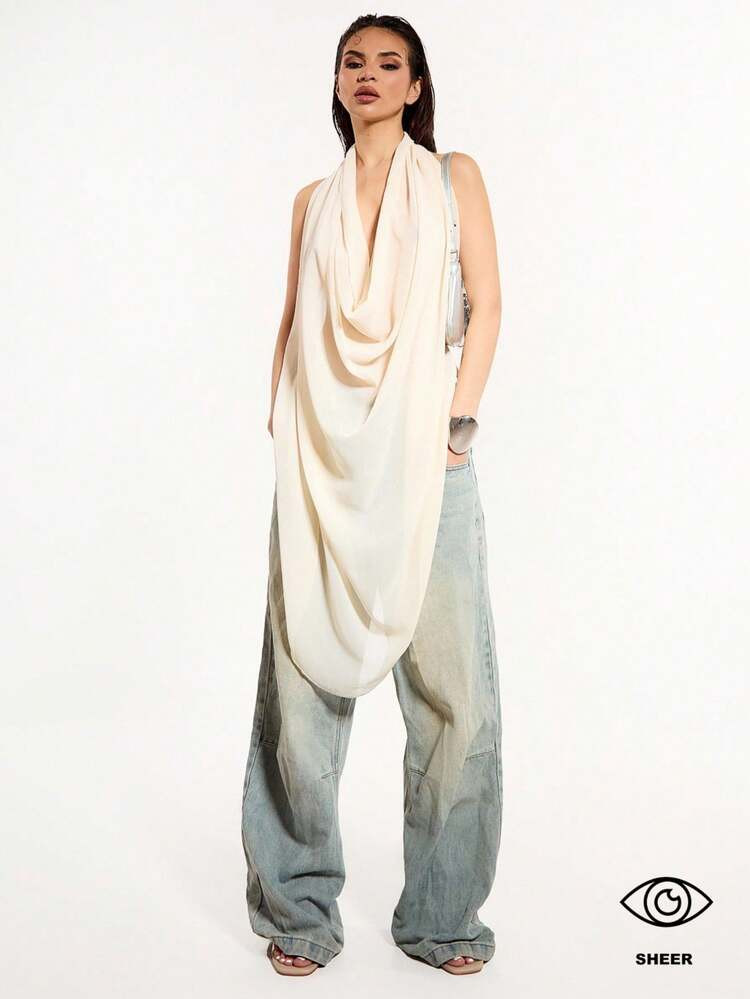 MUSERA Going Out Top Chiffon Extreme Halter Neck Draped Backless Top Sexy  | SHEIN