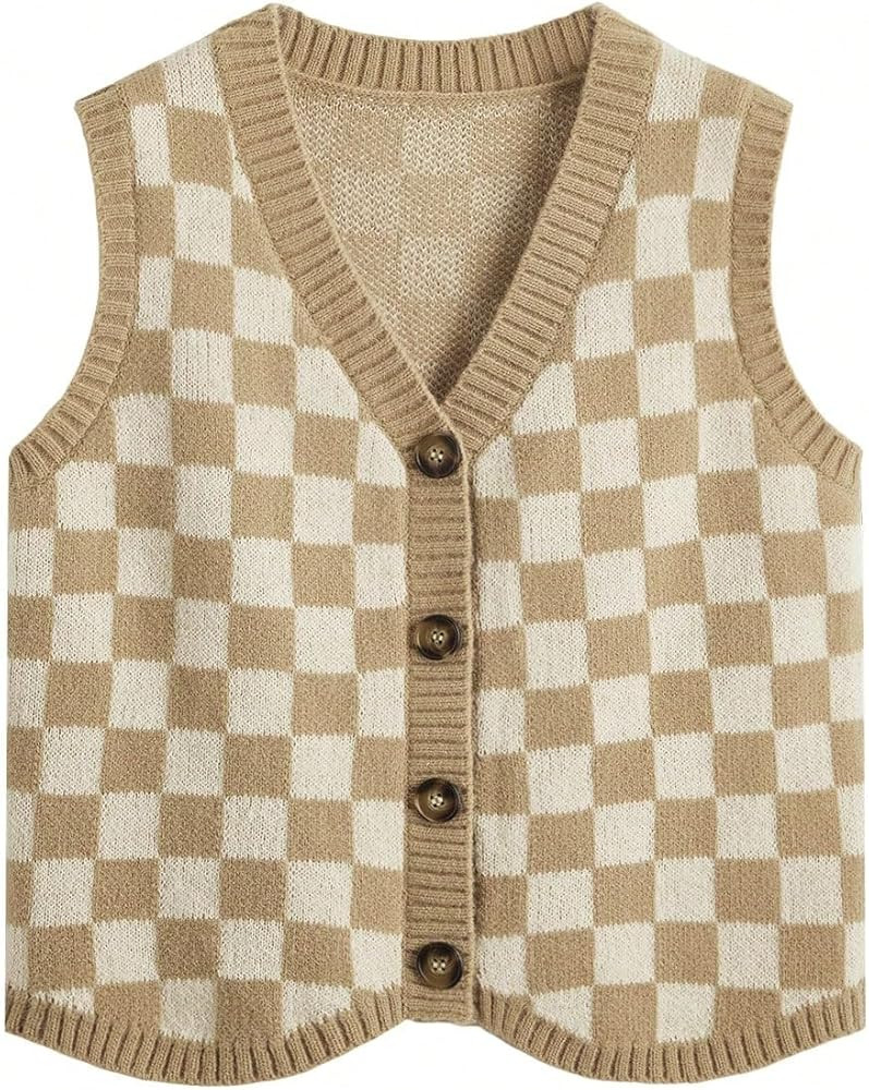 Verdusa Women's Button Front V Neck Sleeveless Checkered Knit Sweater Vest | Amazon (US)