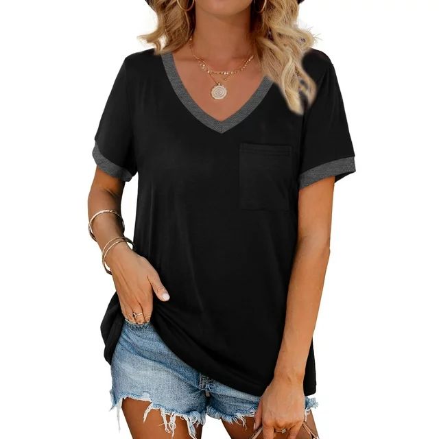 MOSHU V-Neck Women T Shirts Short Sleeve Loose Summer Tops for Women with Pocket - Walmart.com | Walmart (US)