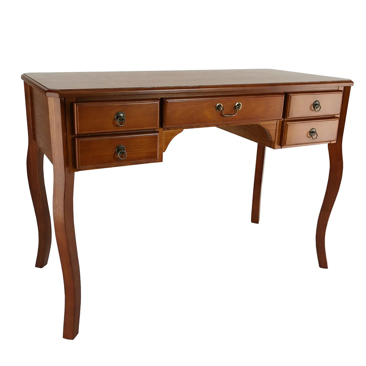 Wooden Writing Desk with Cabriole Legs and 5 Drawers, Brown | Shop Simon