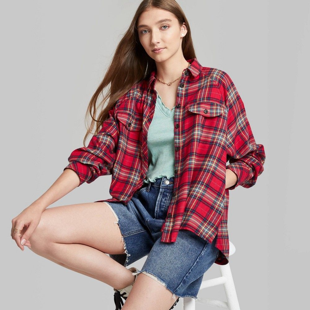 Women's Raglan Long Sleeve Button-Down Hi-Low Flannel Shirt - Wild Fable Red Plaid S | Target