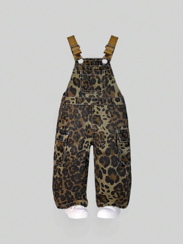 SHEIN Playful Pals Baby Girl Casual Chic Leopard Print Cargo Style Bib Overall Jeans, Versatile Daily Street Fashion Essential 2025 | SHEIN