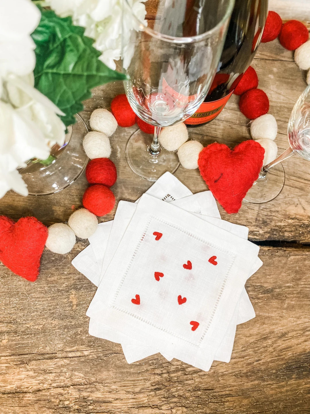 Mini Hearts Linen Cocktail Napkins, Embroidered Cocktail Napkins, Valentines Day Cocktail Napkins... | Etsy (US)