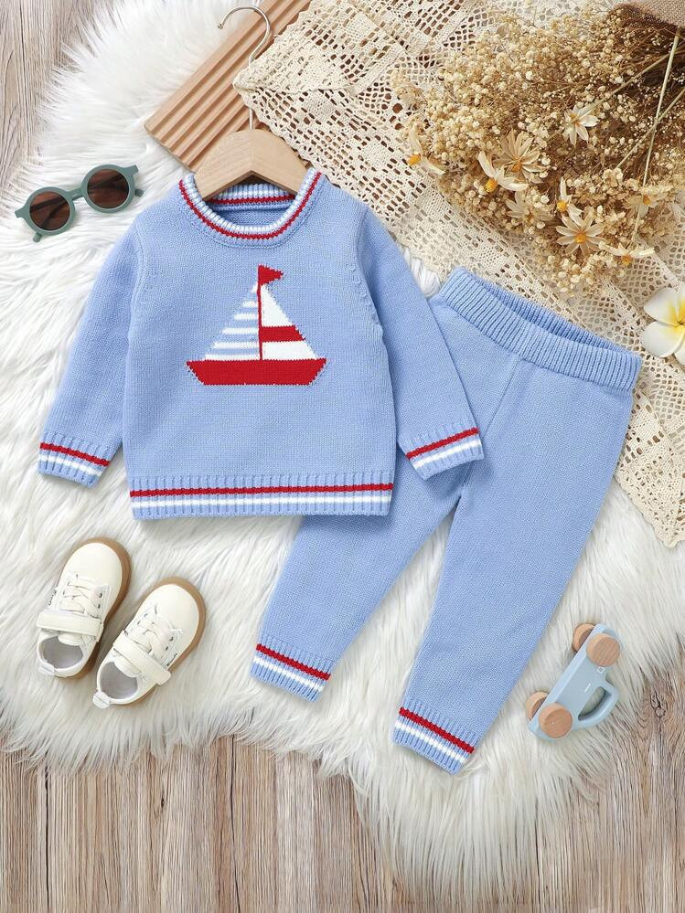 Baby Boy Nautical-Inspired Sweater Set , Featuring Elegant Jacquard Sailboat Design, Crew Neck Long Sleeve Pullover Sweater, Paired With Elastic Waist Knit Pants, Comfortable & Warm, Stylish & Practical Outfit For Active Baby | SHEIN