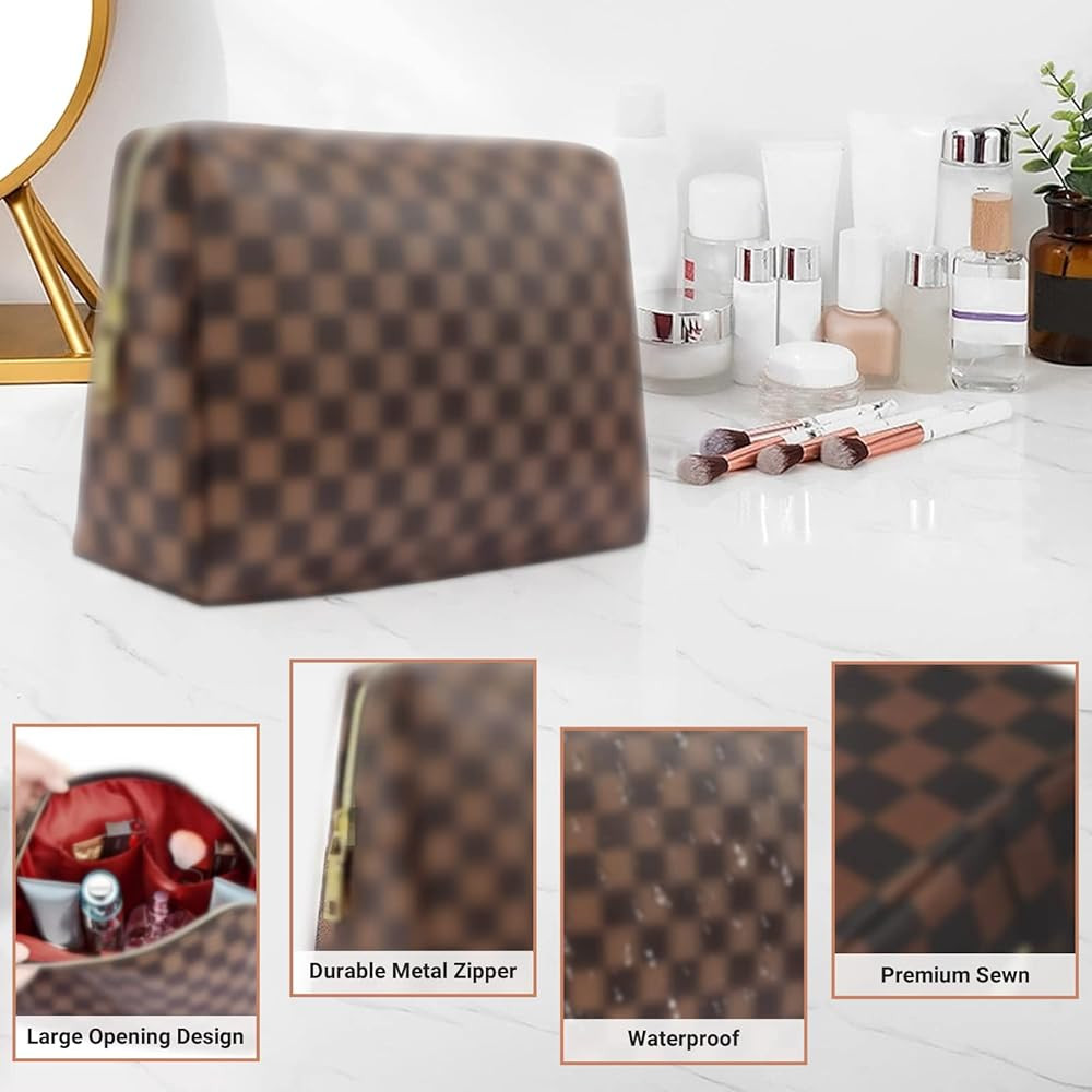 Checkered Makeup Bag, 2 Pcs Portable Leather Cosmetic Bag, Travel Toiletry Bag for Women, PERFECT... | Amazon (US)