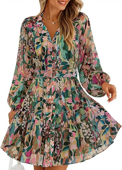 ZESICA Womens Spring Summer Floral Mini Dress Long Sleeve Button Chiffon A Line Swing Short Weddi... | Amazon (US)