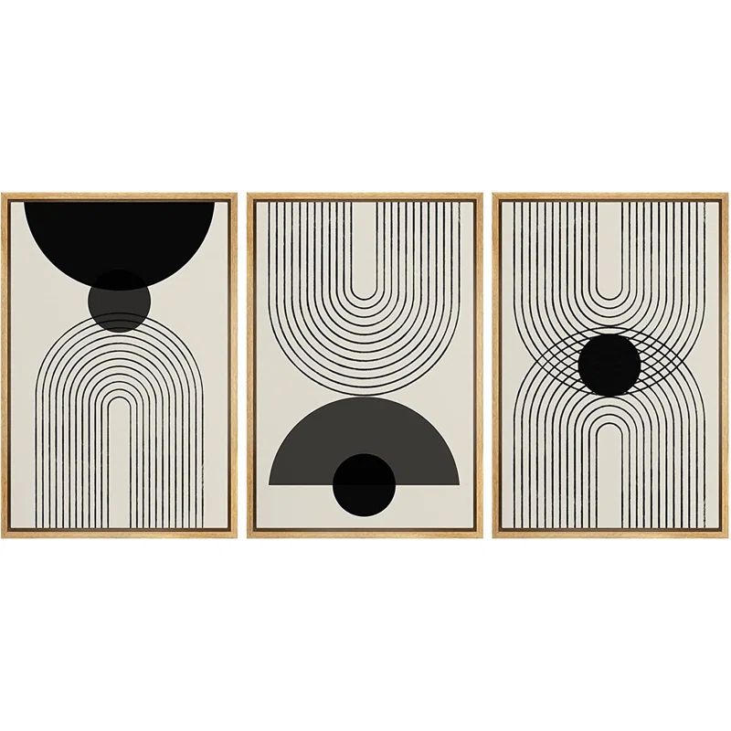Mid Century Modern Abstract Wall Art Black Semi-Circle An Line Parabola Framed Art - 3 Piece Floa... | Wayfair North America