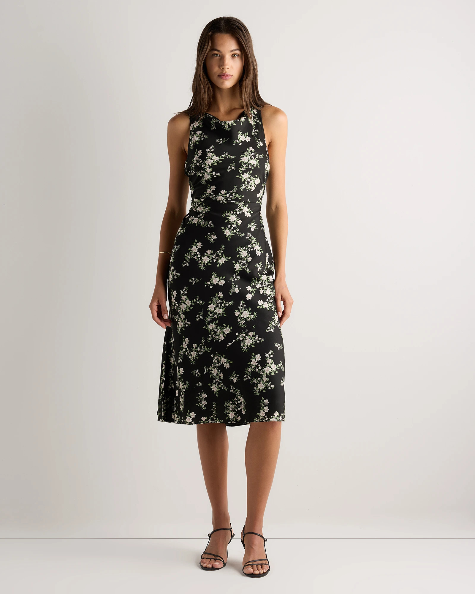 Washable Stretch Silk High Neck Midi Dress in Black Vintage Pink Petite Floral | Quince