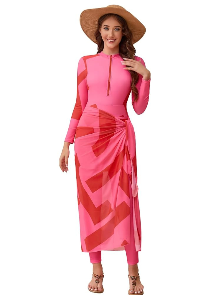 IDOPIP Muslim Burkini Swimsuit for Women's One Piece Swimsuit with Beach Skirt+Cover up Sarong+Pa... | Amazon (US)