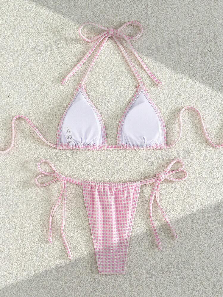 SHEIN Swim Mod Women Halter Back Tie Two-Tone Gingham Print Floral Summer Bikini Set,Summer Beach | SHEIN