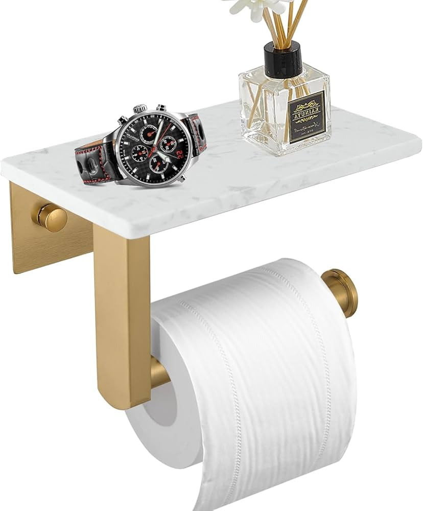 BWE Brushed Gold Toilet Paper Holder with Marble Shelf, Toilet Paper Roll Holder Wall Mounted, To... | Amazon (US)