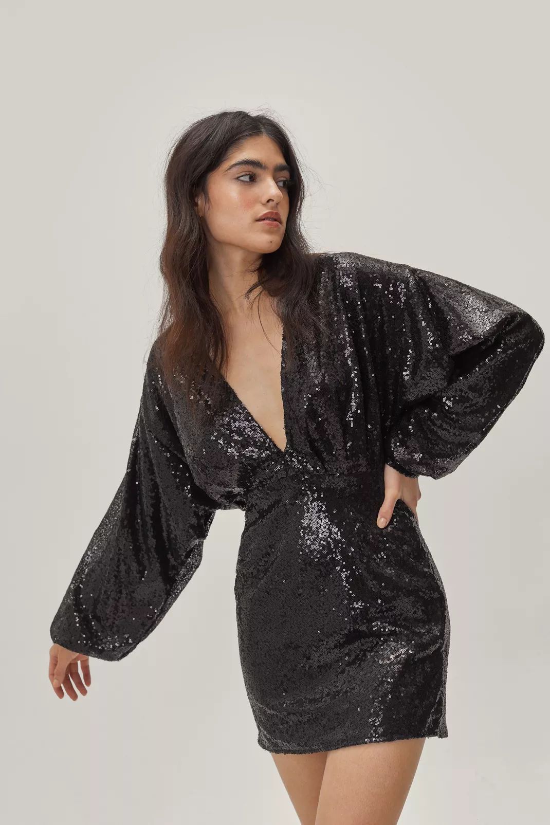 Balloon Sleeve Sequin Plunge Mini Dress | Nasty Gal (US)