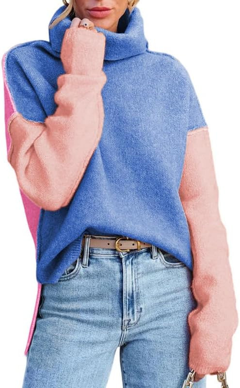 Dokotoo Womens Turtleneck Sweaters Casual Long Sleeve Color Block Side Slit Pullover Knit Jumper ... | Amazon (US)