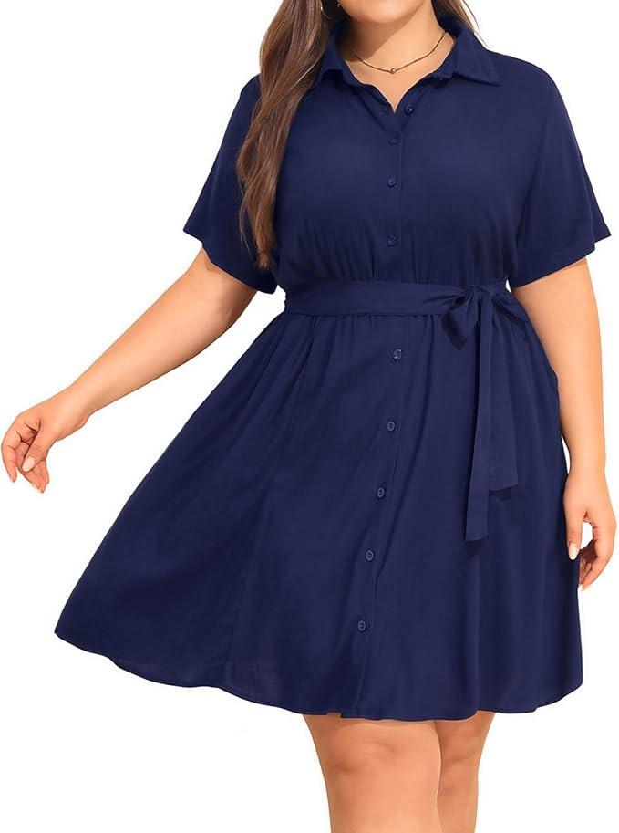 Plus Size Shirt Dress Women Button Down Casual Short Sleeve Summer Work Collared Belted Dresses w... | Amazon (US)
