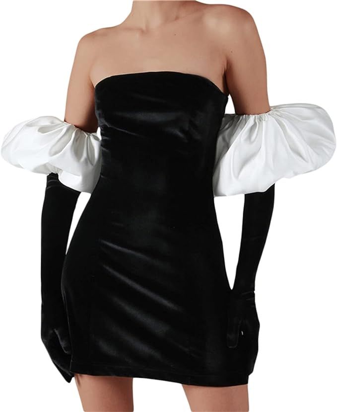 Murnouche Women Puff Sleeve Velvet Dress Elegant Off Shoulder Bodycon Party Dresses | Amazon (US)
