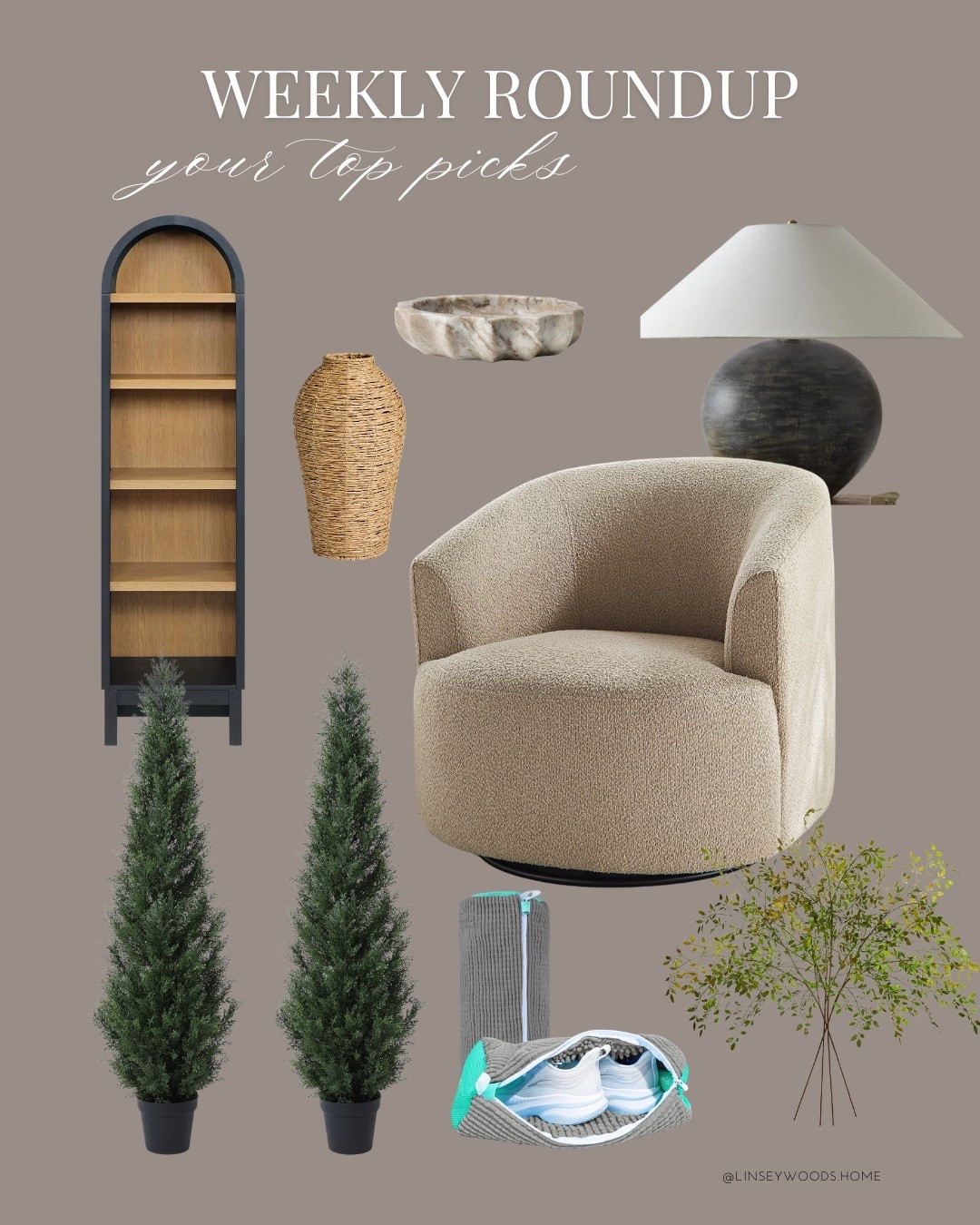 Rounded up your favorites from last week! My living room table lamp, Walmart arched bookcase, swivel chairs and faux cedar trees, plus my favorite Amazon stems and shoe washing bags!

#LTKHome
