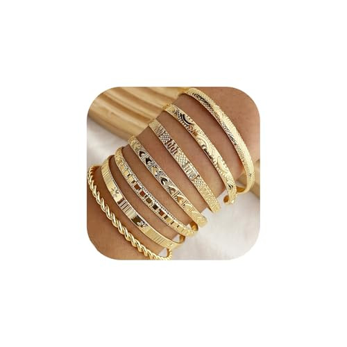 RINTOLER 7Pcs Gold Bangle Bracelets Set for Women - Multi Layer Stackable Textured Bracelets Indian Cuff Bangles Boho Jewelry Set (7pc gold) | Amazon (US)