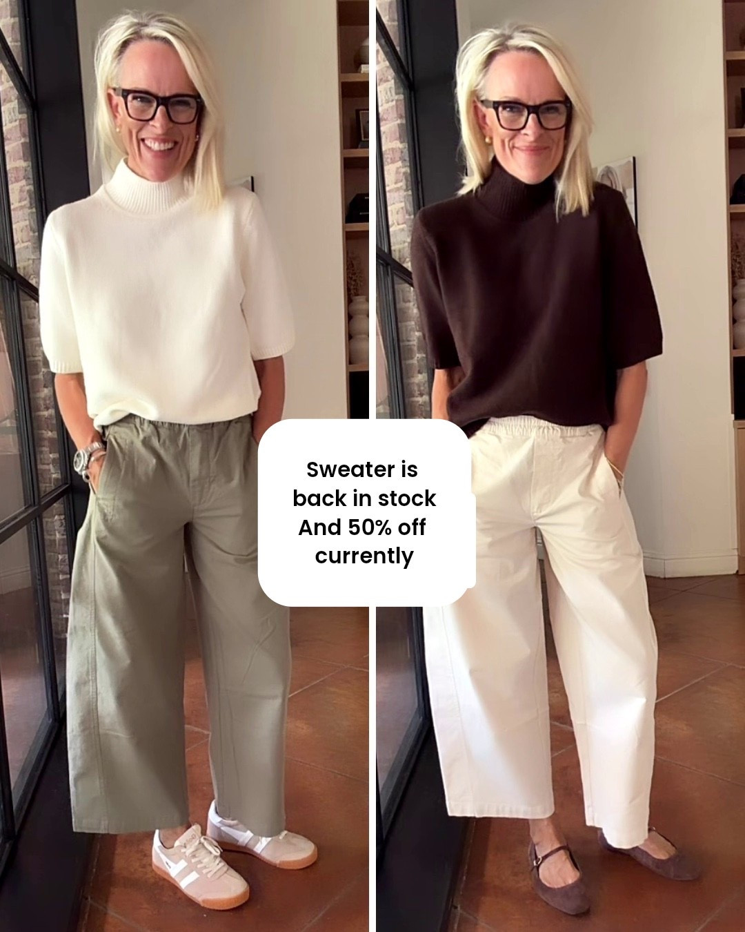 This short sleeve sweater was gone for a minute but back!! 
And currently 50% off 

I wear it so often! Sized up one for looser fit
Pants - SO GOOD under $100 and fit tts