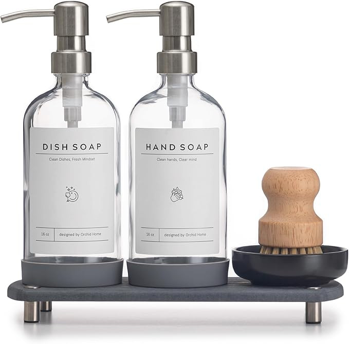 [Luxury] Kitchen Soap Dispenser Set - 16OZ Clear Glass Bottle, Stainless Steel Pump, Instant Dry ... | Amazon (US)