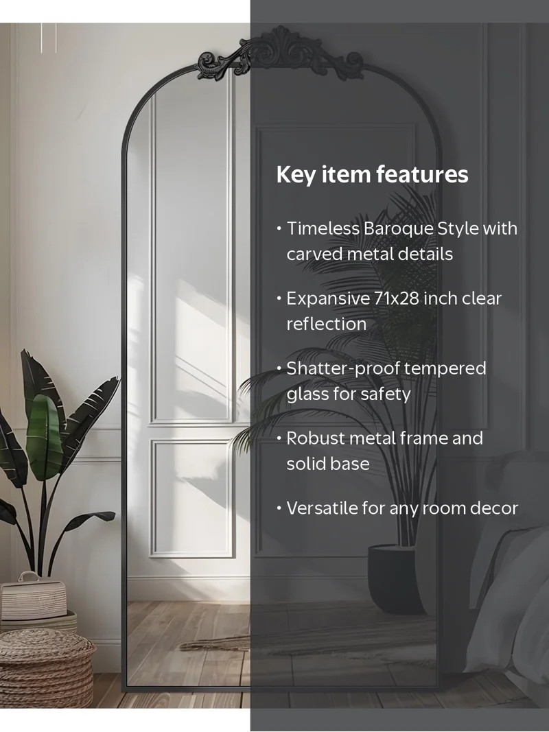 Antok 71"x28" Vintage Arched Full-Length Mirror with Carved Metal Frame, Baroque-Style Floor Mirr... | Walmart (US)