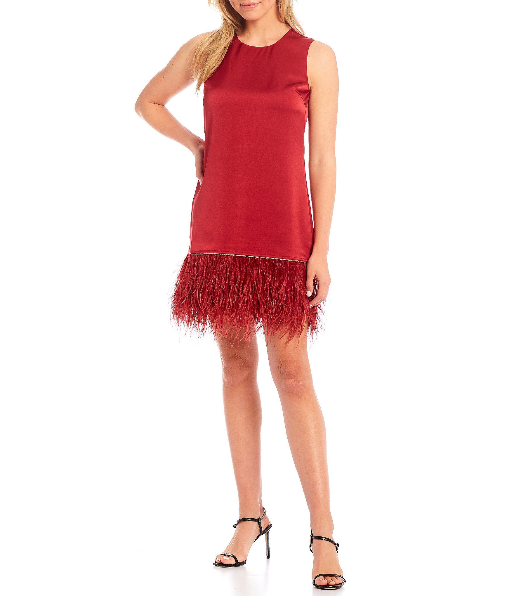 Mello Satin Rhinestone Trim Ostrich Feather Hem Sleeveless Jewel Neck Shift Dress | Dillards