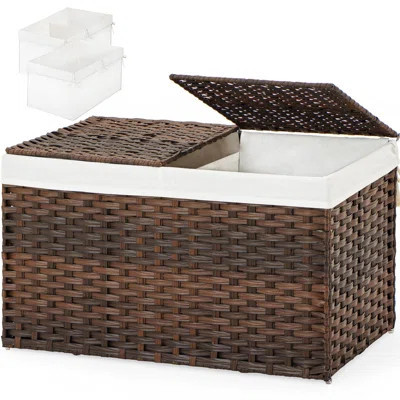 Storage Basket With Lid , Woven Storage Baskets With 2 Separate Lids,Foldable, 2 Removable Liner Bags Handles For Bedroom, Laundry Room. | Wayfair North America