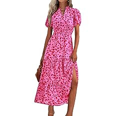 MASCOMODA Summer Maxi Dresses for Women 2026 Casual V Neck Puff Short Sleeve Smocked Flowy Beach ... | Amazon (US)