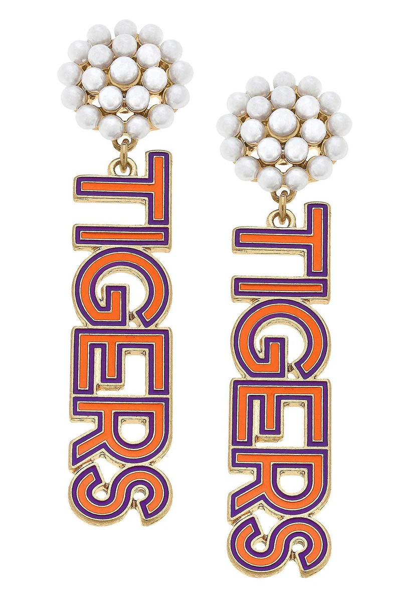 Clemson Tigers Pearl Cluster Outline Enamel Drop Earrings | CANVAS