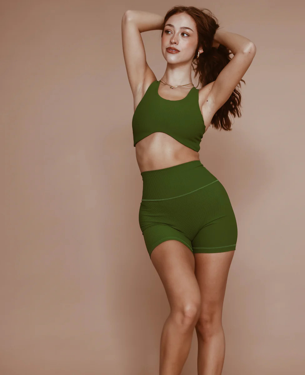 High Rise NFS Ribbed Biker Short - Garden Green | Cara Loren Active