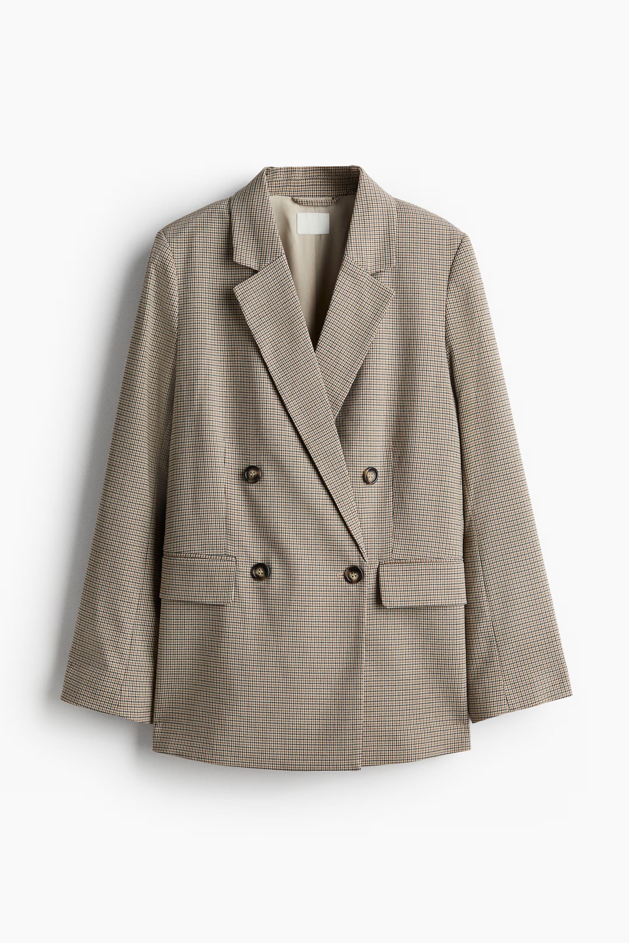 Double-Breasted Blazer - V-neck - Long sleeve - Light beige/plaid - Ladies | H&M US | H&M (US + CA)