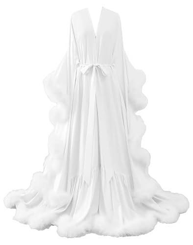 yinyyinhs Women's Long White Bridal Robes with Feathers Old Hollywood Maternity Photoshoot Dresses Silk Satin Nightgown Bathrobe Sleepwear XXL | Amazon (US)
