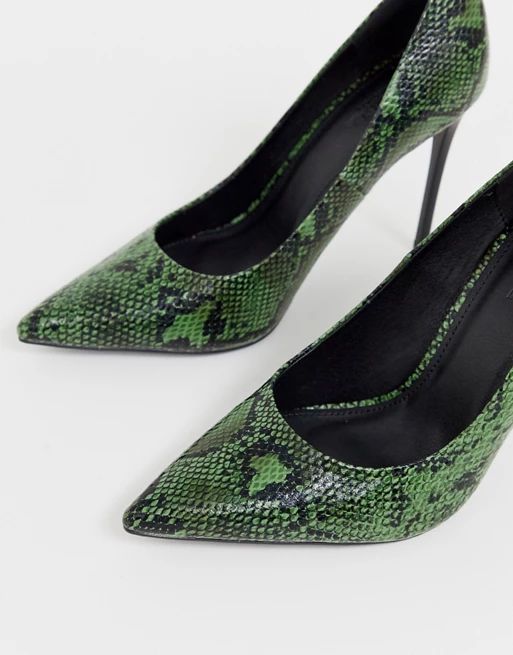Truffle Collection pointed heeled stiletto in green snake | ASOS (Global)